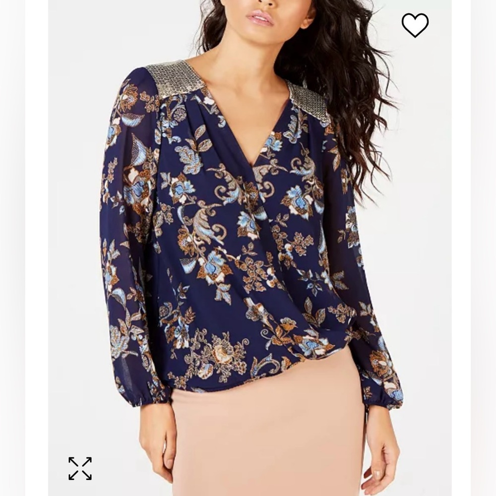 Boho Floral Sequin Blouse – Navy Long Sleeve Top